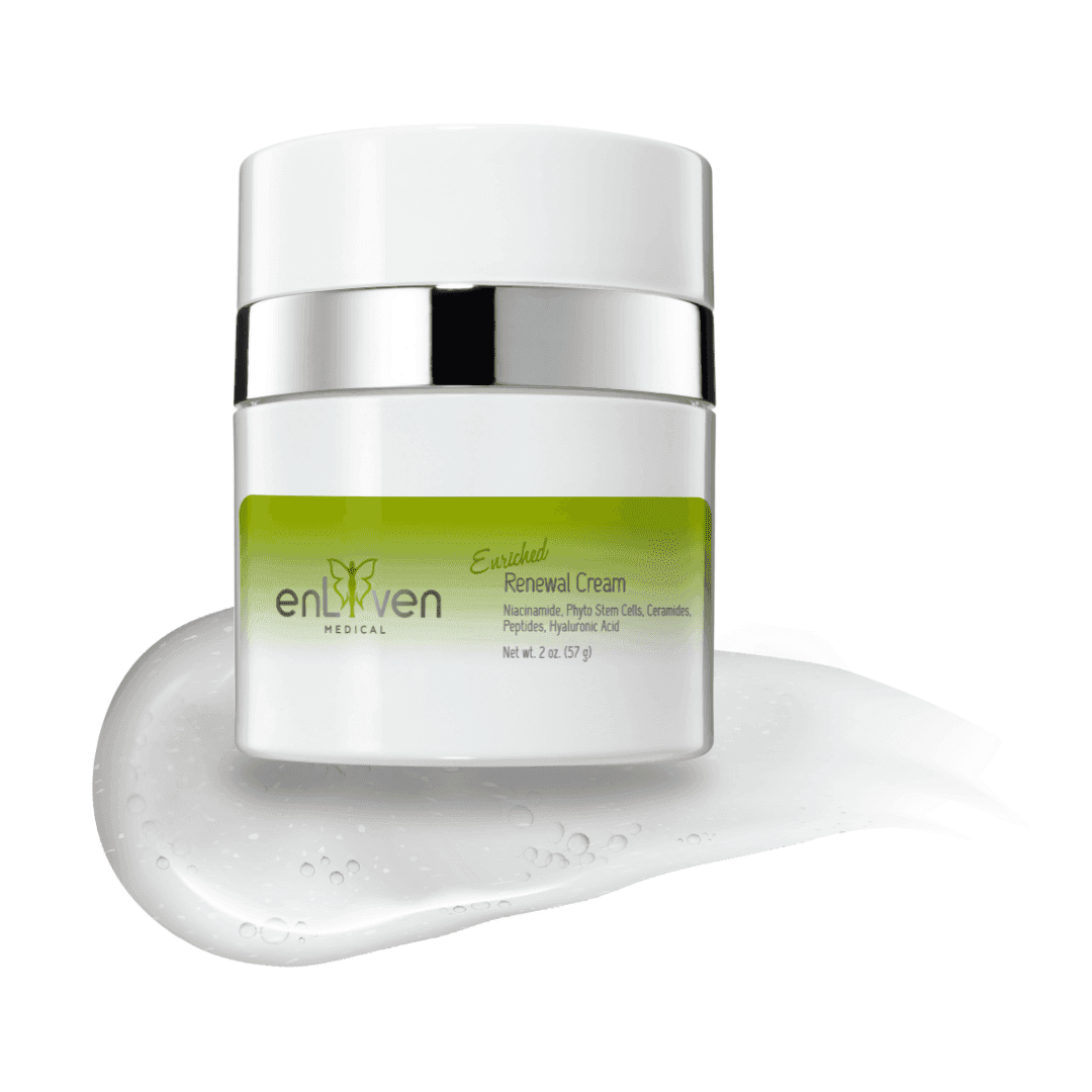 Jar of Enliven Medical grade Enriched Renewal Cream with a background smear of the cream.