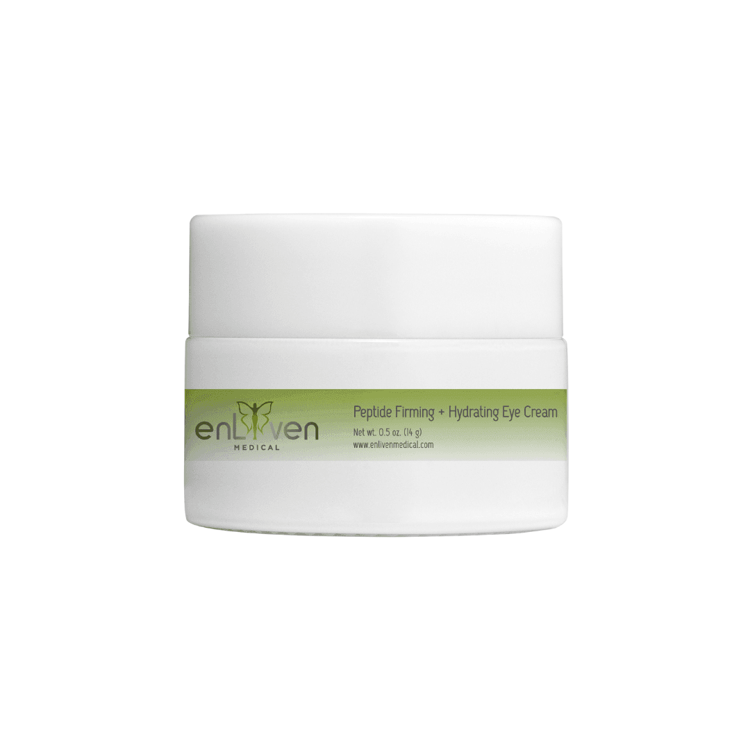 Jar of Enliven Medical grade Peptide Firming + Hydrating Eye Cream, formulated to reduce the appearance of fine lines and hydrate the delicate eye area