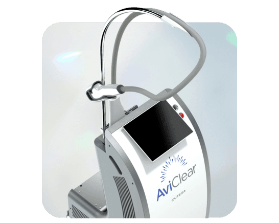 Aviclear machine displayed in a clinical setting, showcasing its sleek design and control panel, used for acne treatment.