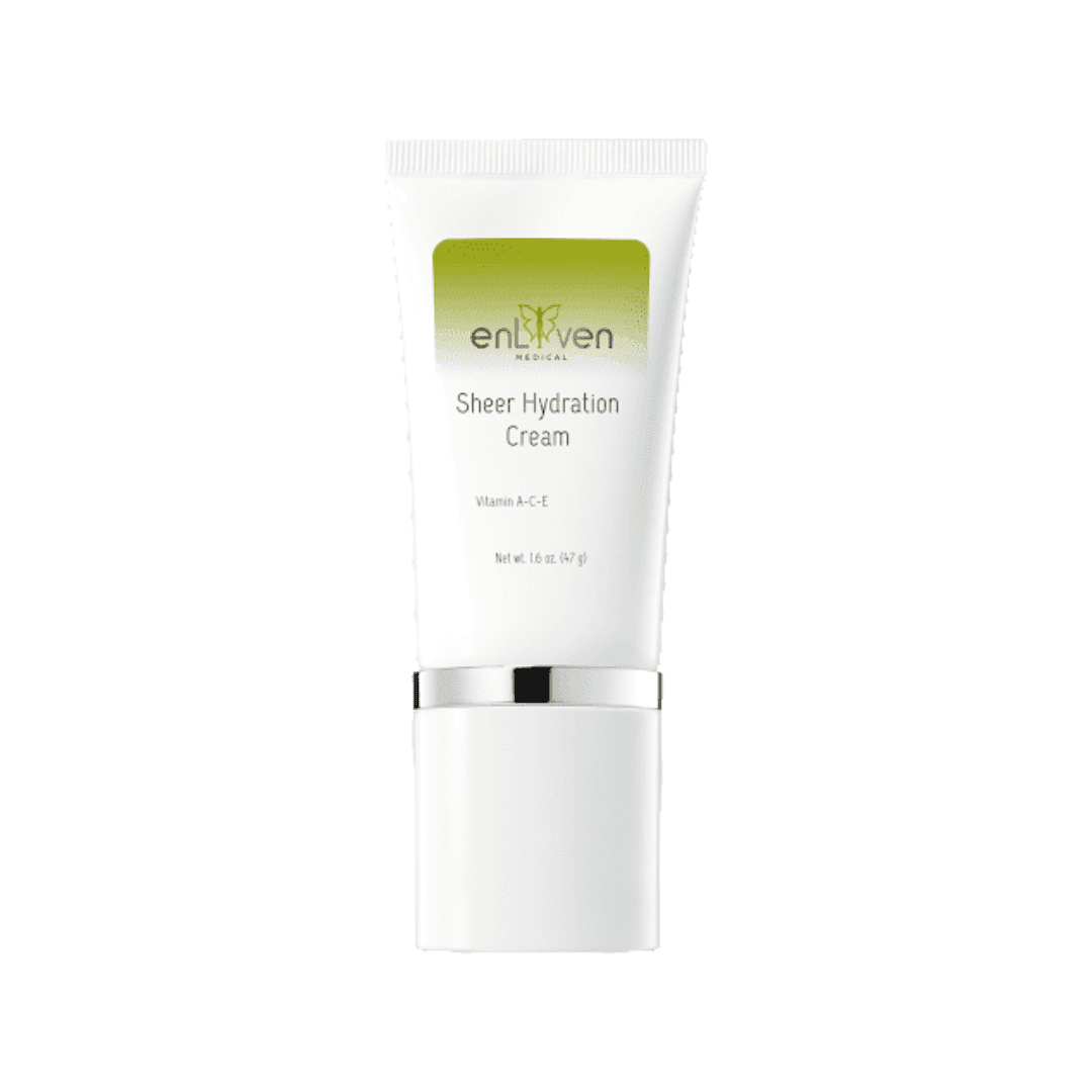 A tube of Enliven Medical grade Sheer Hydration Cream, designed to provide lightweight moisture and enhance skin hydration, featuring a smooth texture and elegant packaging.