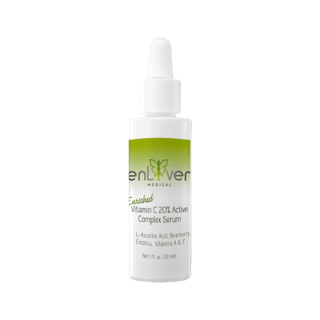 Bottle of Enliven Medical grade Vitamin C 20% Active Complex Serum, featuring a sleek design with a dropper for precise application.