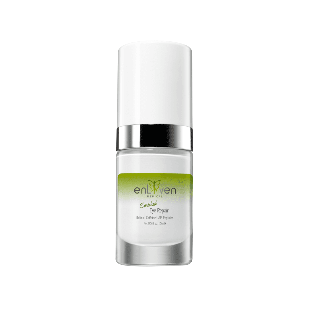 Bottle of Enliven Medical grade Eye Repair Cream, formulated to target dark circles and puffiness