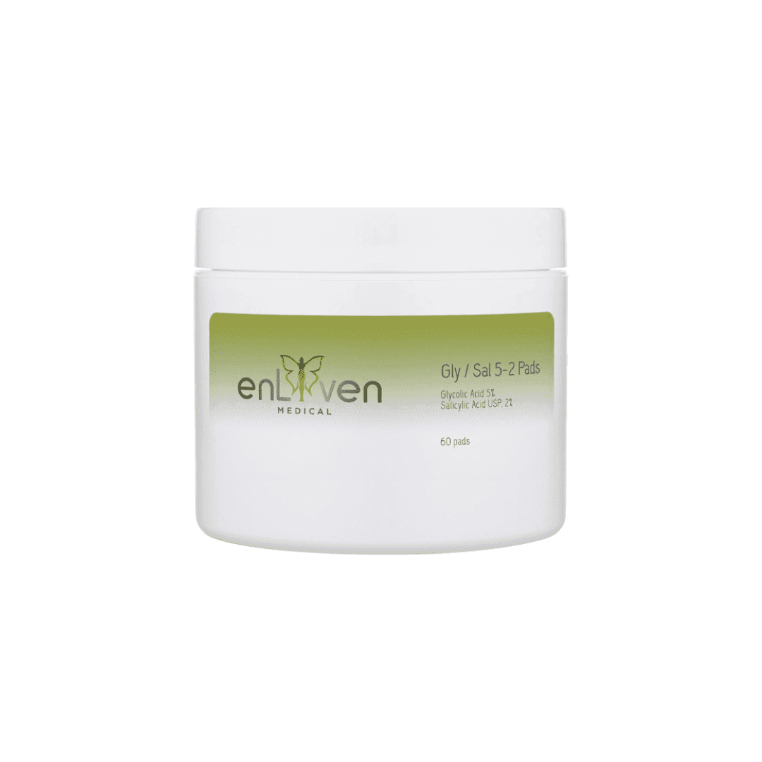 Container of Enliven Medical grade Exfoliating Pads, designed to gently remove dead skin cells and improve skin texture