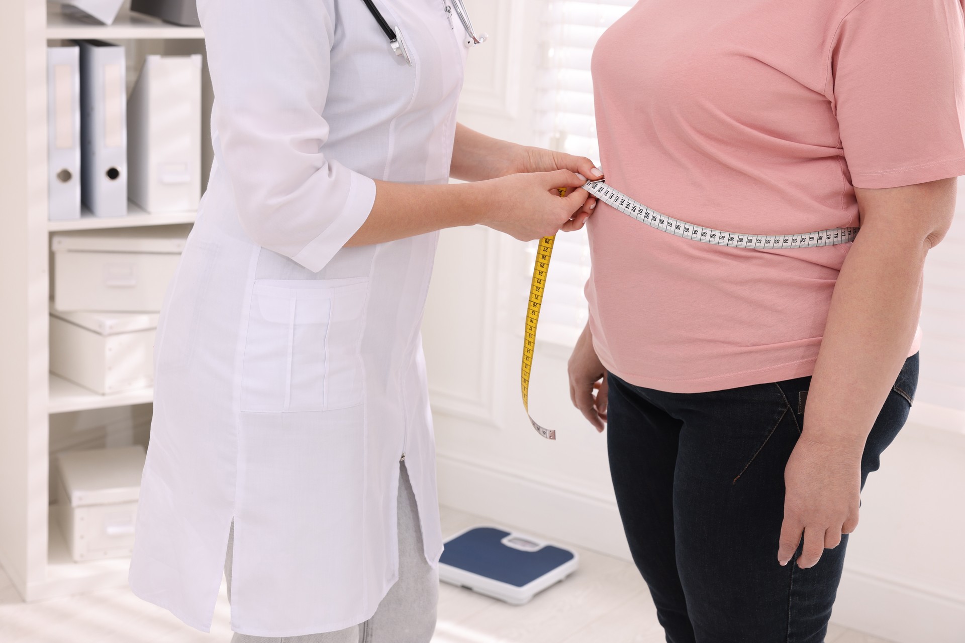 A healthcare professional discussing weight loss options with a patient in a bright office